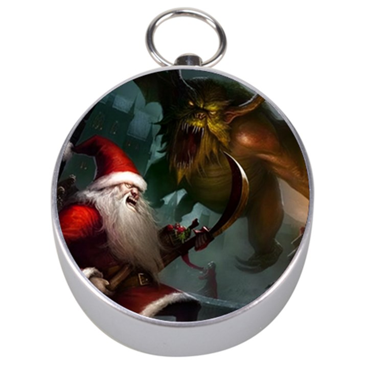 A Santa Claus Standing In Front Of A Dragon Silver Compasses