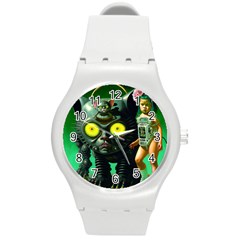 Little Girl With Cyborg Kitten Round Plastic Sport Watch (m) by EmporiumofGoods