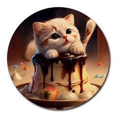 A Cat Sitting On Top Of A Cake Covered In Chocolate Low Round Mousepad