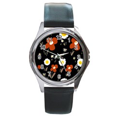 Daisy Flowers Brown White Yellow Black  Round Metal Watch by Mazipoodles