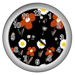 Daisy Flowers Brown White Yellow Black  Wall Clock (silver) by Mazipoodles