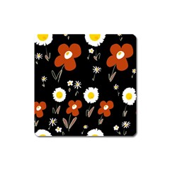 Daisy Flowers Brown White Yellow Black  Square Magnet by Mazipoodles