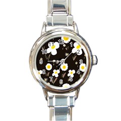 Daisy Flowers White Yellow Black  Round Italian Charm Watch by Mazipoodles