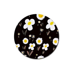 Daisy Flowers White Yellow Black  Rubber Coaster (round) by Mazipoodles