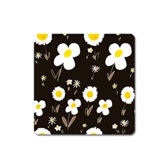 Daisy Flowers White Yellow Black  Square Magnet by Mazipoodles