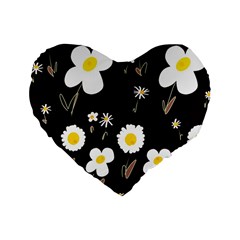 Daisy Flowers White Yellow Black  Standard 16  Premium Heart Shape Cushions by Mazipoodles