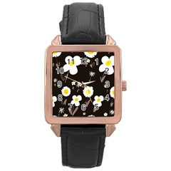 Daisy Flowers White Yellow Black  Rose Gold Leather Watch  by Mazipoodles