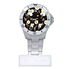 Daisy Flowers White Yellow Black  Plastic Nurses Watch by Mazipoodles