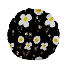 Daisy Flowers White Yellow Black  Standard 15  Premium Flano Round Cushions by Mazipoodles