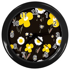 Daisy Flowers White Yellow Brown Black Wall Clock (black) by Mazipoodles