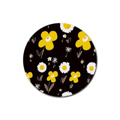 Daisy Flowers White Yellow Brown Black Rubber Coaster (round) by Mazipoodles