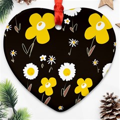 Daisy Flowers White Yellow Brown Black Heart Ornament (two Sides) by Mazipoodles