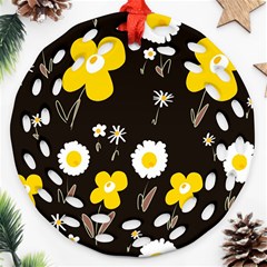 Daisy Flowers White Yellow Brown Black Round Filigree Ornament (two Sides) by Mazipoodles