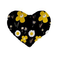 Daisy Flowers White Yellow Brown Black Standard 16  Premium Heart Shape Cushions by Mazipoodles