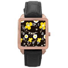 Daisy Flowers White Yellow Brown Black Rose Gold Leather Watch  by Mazipoodles