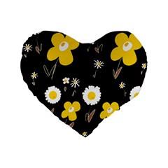 Daisy Flowers White Yellow Brown Black Standard 16  Premium Flano Heart Shape Cushions by Mazipoodles