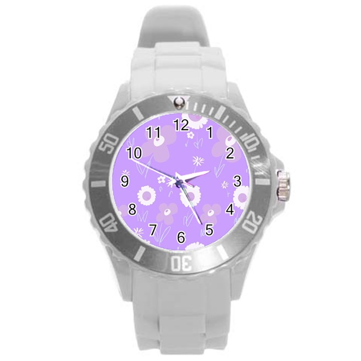 Daisy Flowers Lilac White Lavender Purple Round Plastic Sport Watch (L)