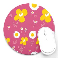 Daisy Flowers Yellow White Dusty Dark Blush Pink Round Mousepad by Mazipoodles