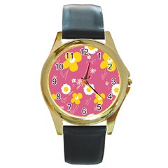 Daisy Flowers Yellow White Dusty Dark Blush Pink Round Gold Metal Watch by Mazipoodles