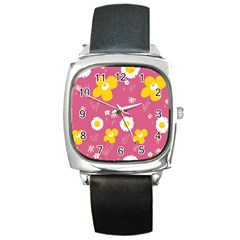 Daisy Flowers Yellow White Dusty Dark Blush Pink Square Metal Watch by Mazipoodles