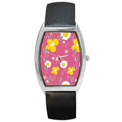 Daisy Flowers Yellow White Dusty Dark Blush Pink Barrel Style Metal Watch by Mazipoodles