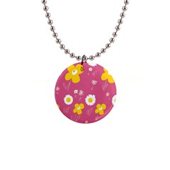 Daisy Flowers Yellow White Dusty Dark Blush Pink 1  Button Necklace by Mazipoodles