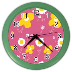 Daisy Flowers Yellow White Dusty Dark Blush Pink Color Wall Clock by Mazipoodles