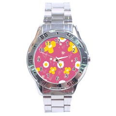 Daisy Flowers Yellow White Dusty Dark Blush Pink Stainless Steel Analogue Watch by Mazipoodles