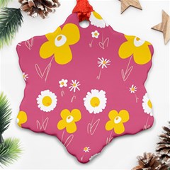 Daisy Flowers Yellow White Dusty Dark Blush Pink Snowflake Ornament (two Sides) by Mazipoodles