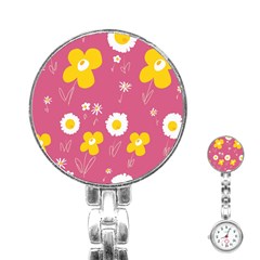 Daisy Flowers Yellow White Dusty Dark Blush Pink Stainless Steel Nurses Watch by Mazipoodles