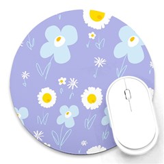 Daisy Flowers Blue White Yellow Lavender Round Mousepad by Mazipoodles