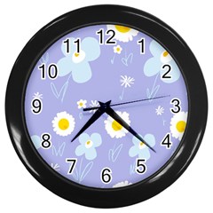 Daisy Flowers Blue White Yellow Lavender Wall Clock (black) by Mazipoodles