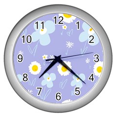 Daisy Flowers Blue White Yellow Lavender Wall Clock (silver) by Mazipoodles