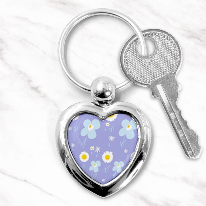 Daisy Flowers Blue White Yellow Lavender Key Chain (Heart)