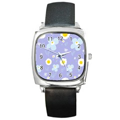 Daisy Flowers Blue White Yellow Lavender Square Metal Watch by Mazipoodles