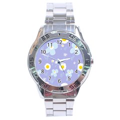 Daisy Flowers Blue White Yellow Lavender Stainless Steel Analogue Watch by Mazipoodles