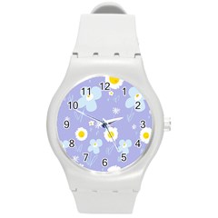 Daisy Flowers Blue White Yellow Lavender Round Plastic Sport Watch (m) by Mazipoodles