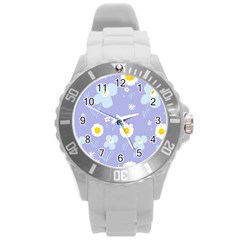 Daisy Flowers Blue White Yellow Lavender Round Plastic Sport Watch (l) by Mazipoodles