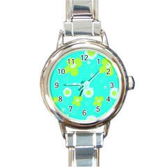 Daisy Flowers Lime Green White Turquoise  Round Italian Charm Watch by Mazipoodles