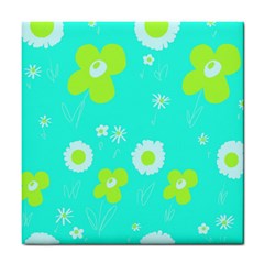 Daisy Flowers Lime Green White Turquoise  Tile Coaster by Mazipoodles