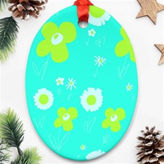 Daisy Flowers Lime Green White Turquoise  Ornament (oval) by Mazipoodles