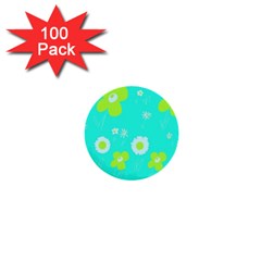 Daisy Flowers Lime Green White Turquoise  1  Mini Buttons (100 Pack)  by Mazipoodles