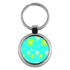 Daisy Flowers Lime Green White Turquoise  Key Chain (round) by Mazipoodles