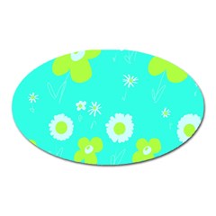 Daisy Flowers Lime Green White Turquoise  Oval Magnet by Mazipoodles