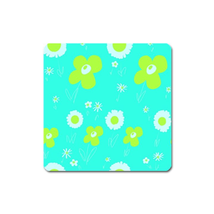 Daisy Flowers Lime Green White Turquoise  Square Magnet