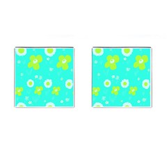 Daisy Flowers Lime Green White Turquoise  Cufflinks (square) by Mazipoodles