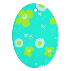 Daisy Flowers Lime Green White Turquoise  Oval Ornament (two Sides) by Mazipoodles