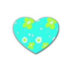 Daisy Flowers Lime Green White Turquoise  Rubber Heart Coaster (4 Pack) by Mazipoodles