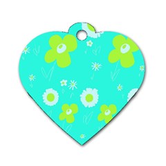 Daisy Flowers Lime Green White Turquoise  Dog Tag Heart (two Sides) by Mazipoodles