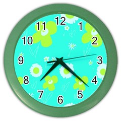 Daisy Flowers Lime Green White Turquoise  Color Wall Clock by Mazipoodles